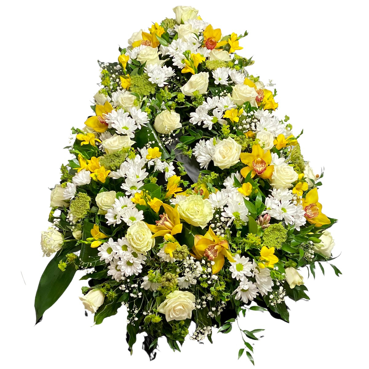 Coroana funerara clasica cu frezii, trandafiri, orhidee si crizanteme: Funerare