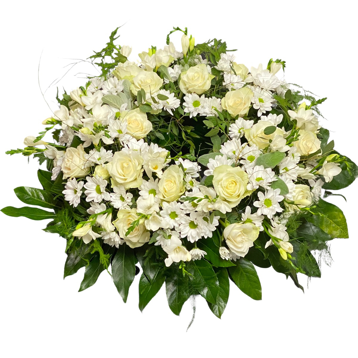 Coroana rotunda flori albe trandafiri, frezii si crizanteme: Funerare